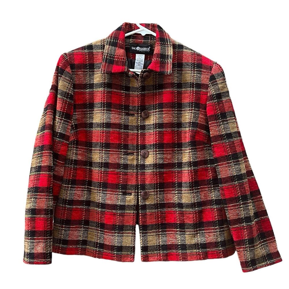 Sag Harbor Vintage Button Front Chore Jacket Red Black Tan Plaid Womens Size 10P